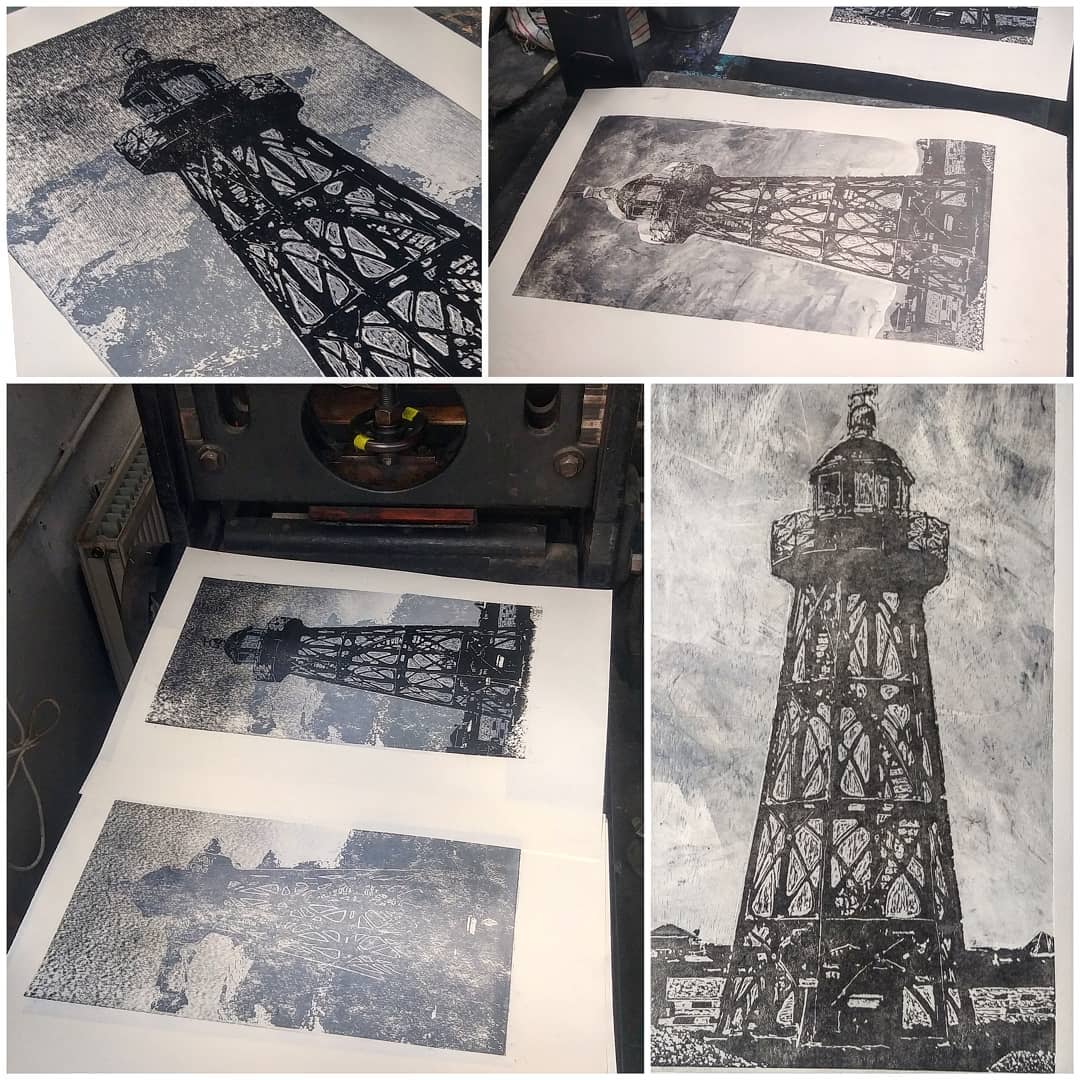 This morning I had a good time working in the gcg again. I am currently working on this linocut of a lighthouse. It is the lighthouse of 'Den Oever'. We have been experimenting with different background techniques to create some dramatic sky effects. To be continued..

#reliefprint #printmaking #linoprint #linocutprint #art #printmaker #reliefprint #printmakersofinstagram #lighthouse #linogravure #linocut #blockprint #blockprinting #linoprinting #handmade #imprinted #handprinted #illustration #get #linoleumprint #linocutting #artist #reliefprinting #handcarved #dimitrifeenstra  #reliefprintmaking #woodcut #linograbado #printmakingart